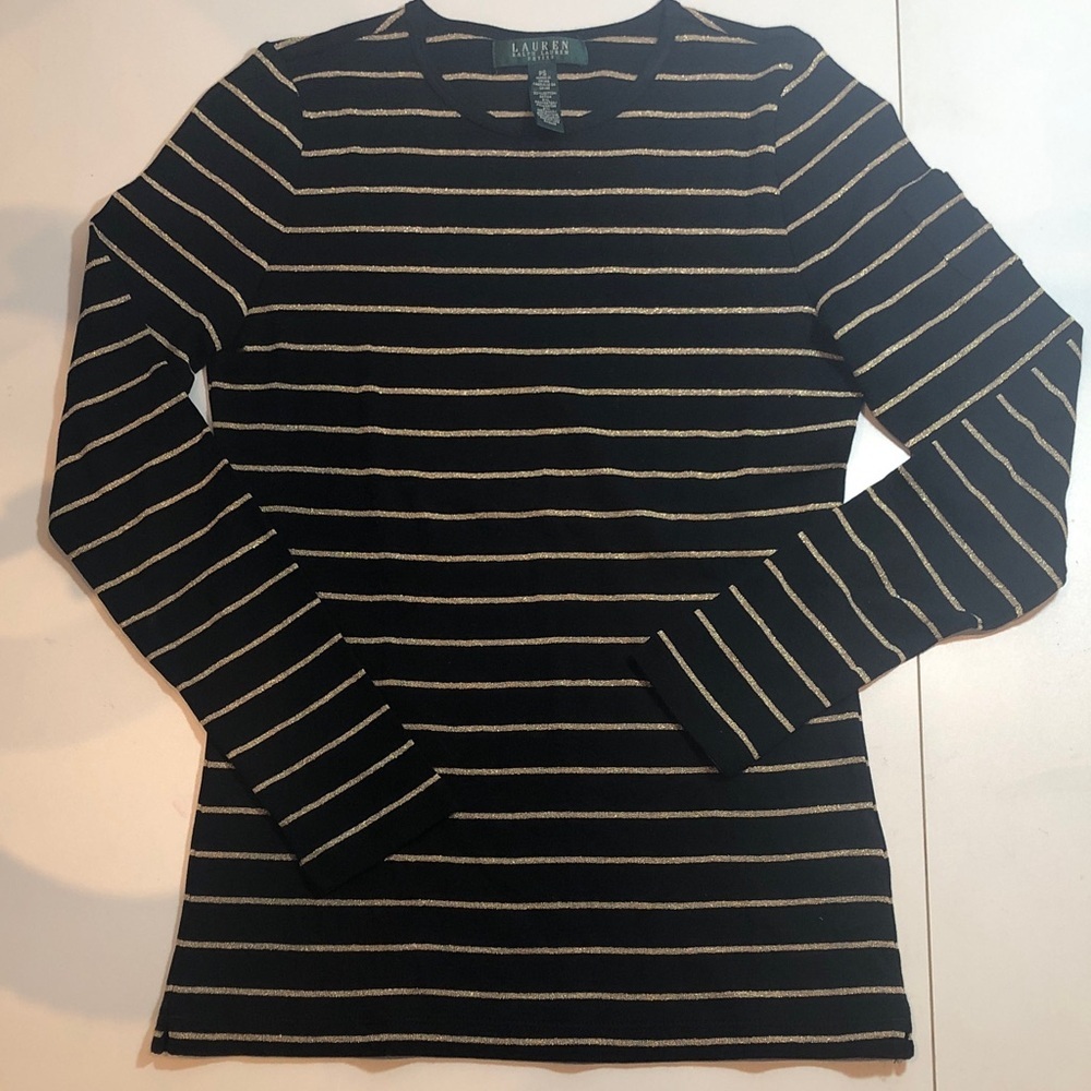 RALPH LAUREN Black and Metallic Gold  Striped Long Sleeve Top Crew Neck Petite S